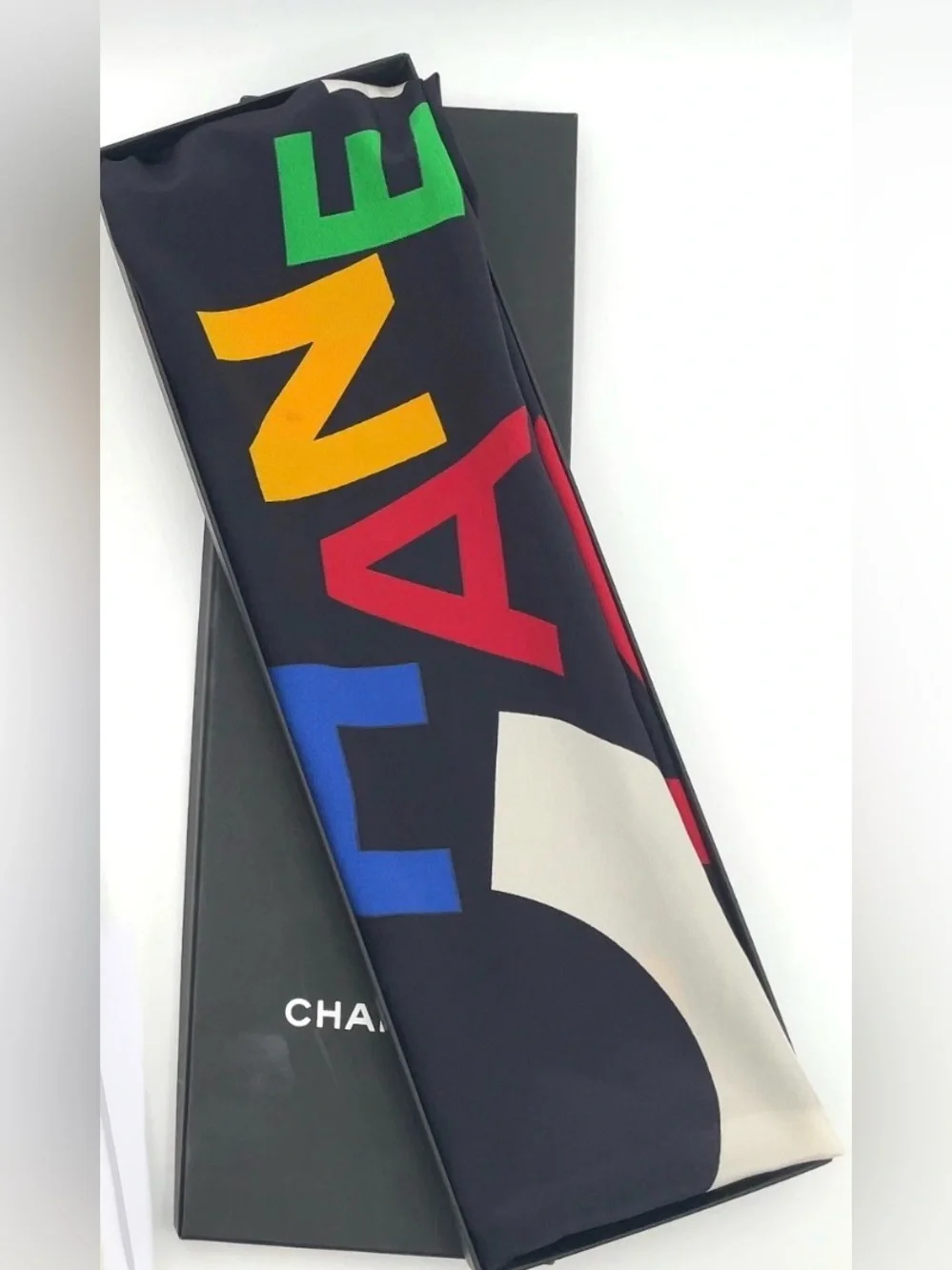 Chanel Multicolor Logo 100% Silk Scarf on Black